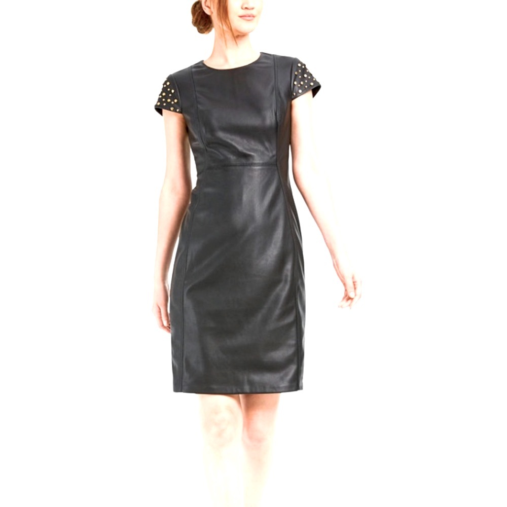 Calvin Kleine Gold Studded Black Faux Leather Sheath Dress